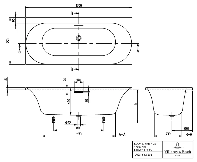 Villeroy & Boch Badewanne mit ovaler Innenform „Loop & Friends“ rechteck 170 × 75 cm, Mittelablauf