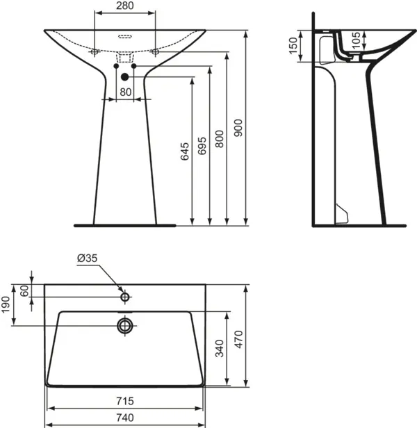 Waschbecken „Tipo-Z“ 74 × 47 × 90 cm, Hahnlochposition mittig in Weiß Waschbecken „Tipo-Z“ 74 × 47 × 90 cm, Hahnlochposition mittig in Weiß