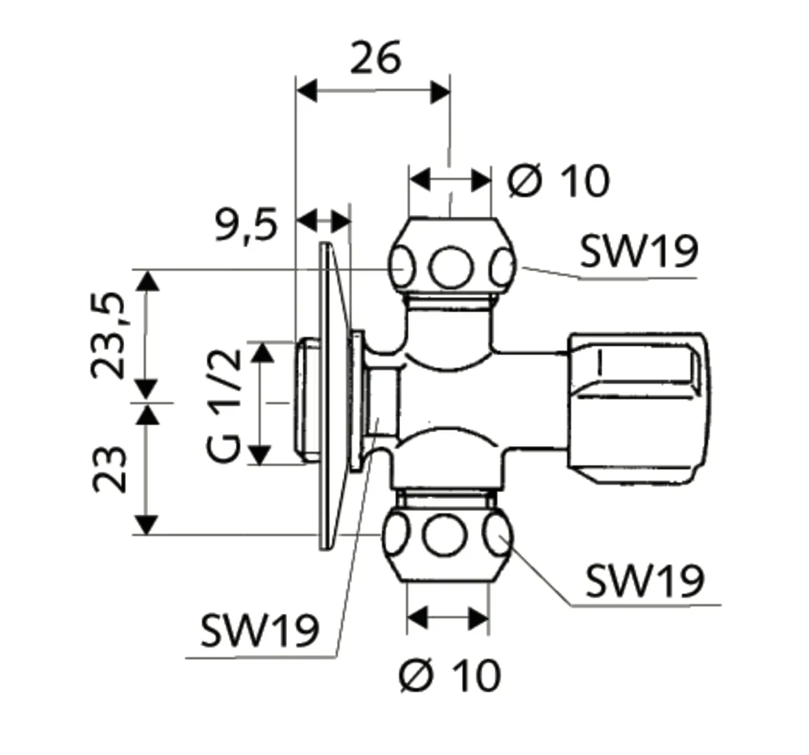 Eckventil COMFORT, COMFORT-Griff, Rosette Ø 54 mm (Tiefe 3 mm), DN 15 G 1/2 AG, 2x Ø 10 mm (DN 10 G 3/8 AG), chrom