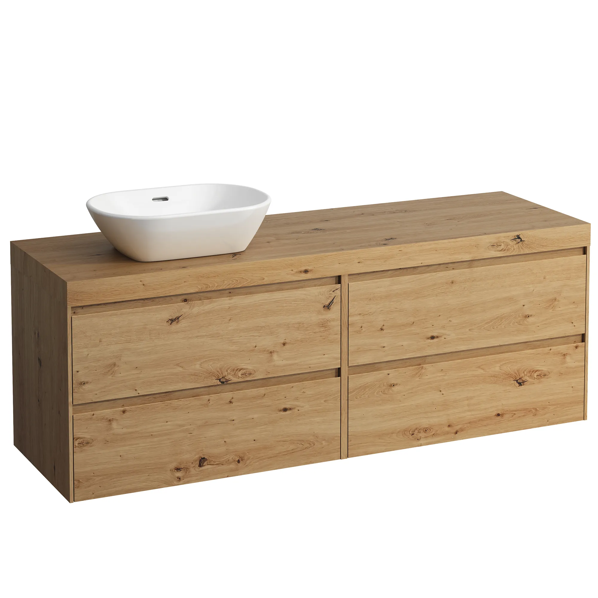 Waschtischunterbau+Waschtischplatte (MODULAR SYSTEM) LANI 495x1570x580 mit Ausschnitt links Abdeckplatte 65 mm (Farbe: .267 wildeiche), mit 4 Schubladen (800 mm links + 800 mm rechts) integrierter Griffleiste Vollauszug und Soft-Close weiß matt Waschtischunterbau+Waschtischplatte (MODULAR SYSTEM) LANI 495x1570x580 mit Ausschnitt links Abdeckplatte 65 mm (Farbe: .267 wildeiche), mit 4 Schubladen (800 mm links + 800 mm rechts) integrierter Griffleiste Vollauszug und Soft-Close weiß matt