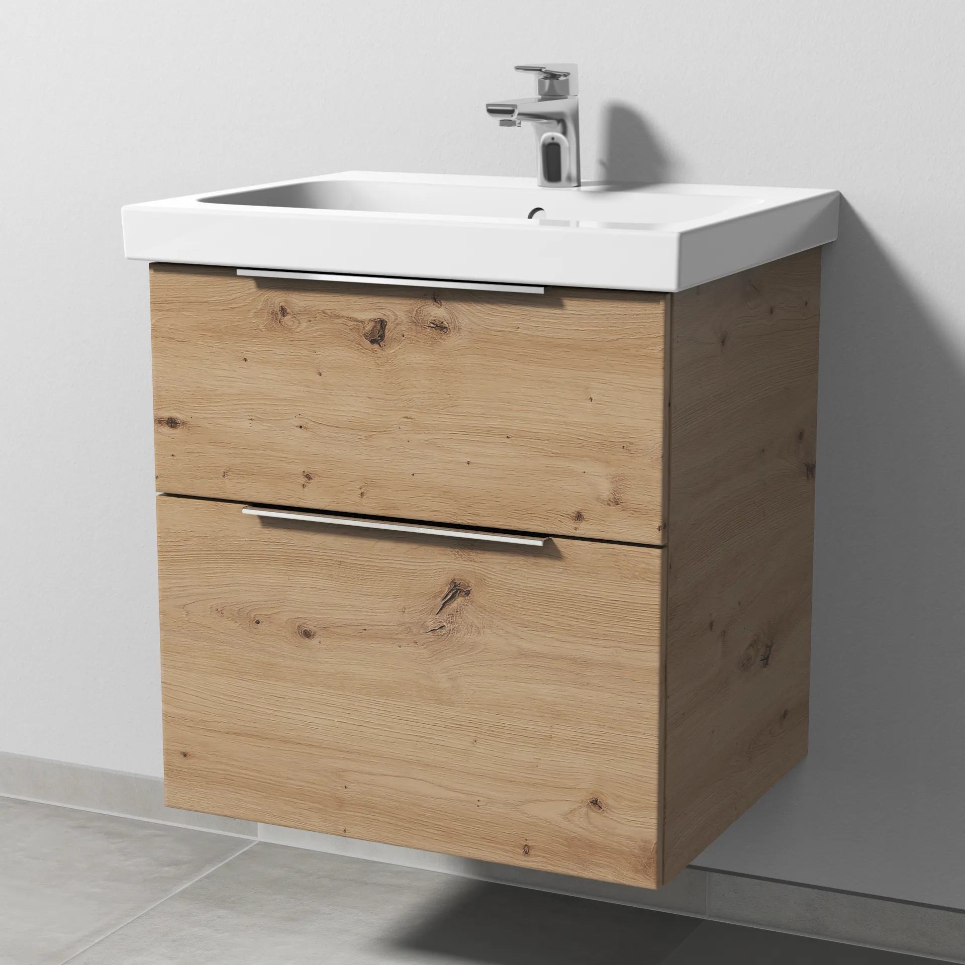 Sanipa Waschtischunterschrank „3way“ passend zu Keramik-Waschtische iCon Light von Geberit 560 × 591 × 462 mm in Eiche Natural-Touch, Becken mittig,