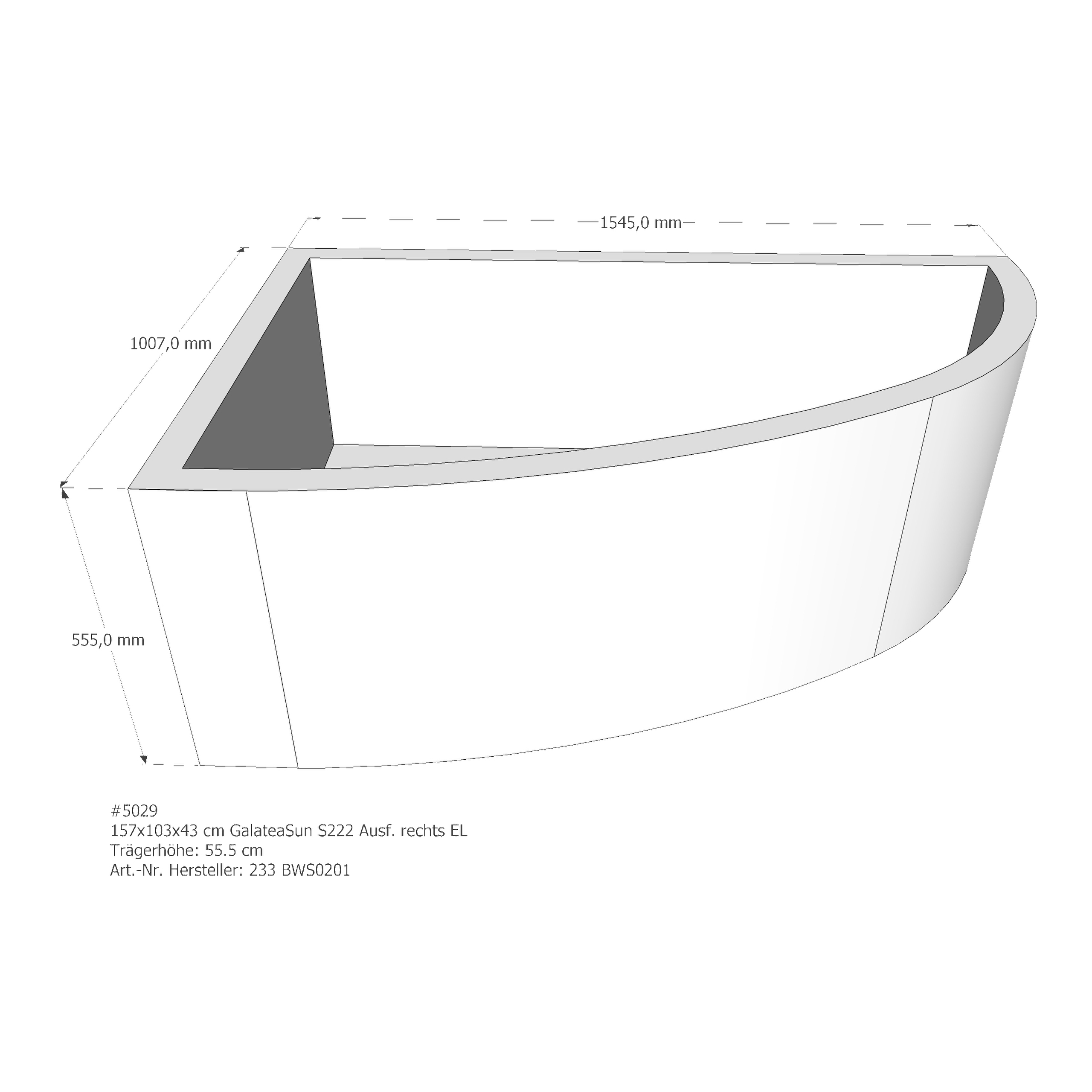 Badewannenträger für Galatea ~Sun S 222 rechts 157 × 103 × 43 cm Badewannenträger für Galatea ~Sun S 222 rechts 157 × 103 × 43 cm