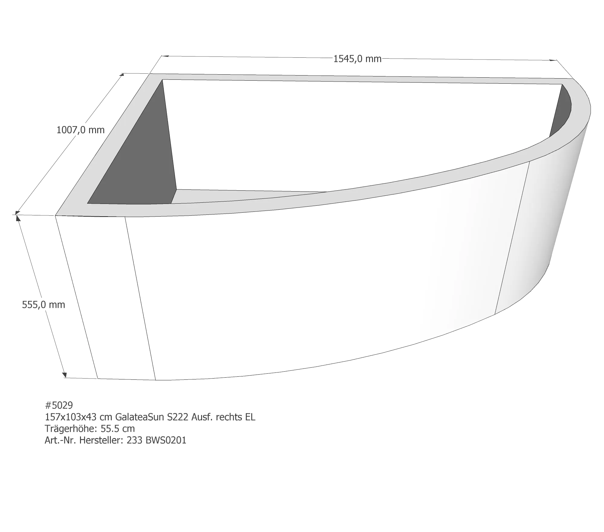 Badewannenträger für Galatea ~Sun S 222 rechts 157 × 103 × 43 cm Badewannenträger für Galatea ~Sun S 222 rechts 157 × 103 × 43 cm