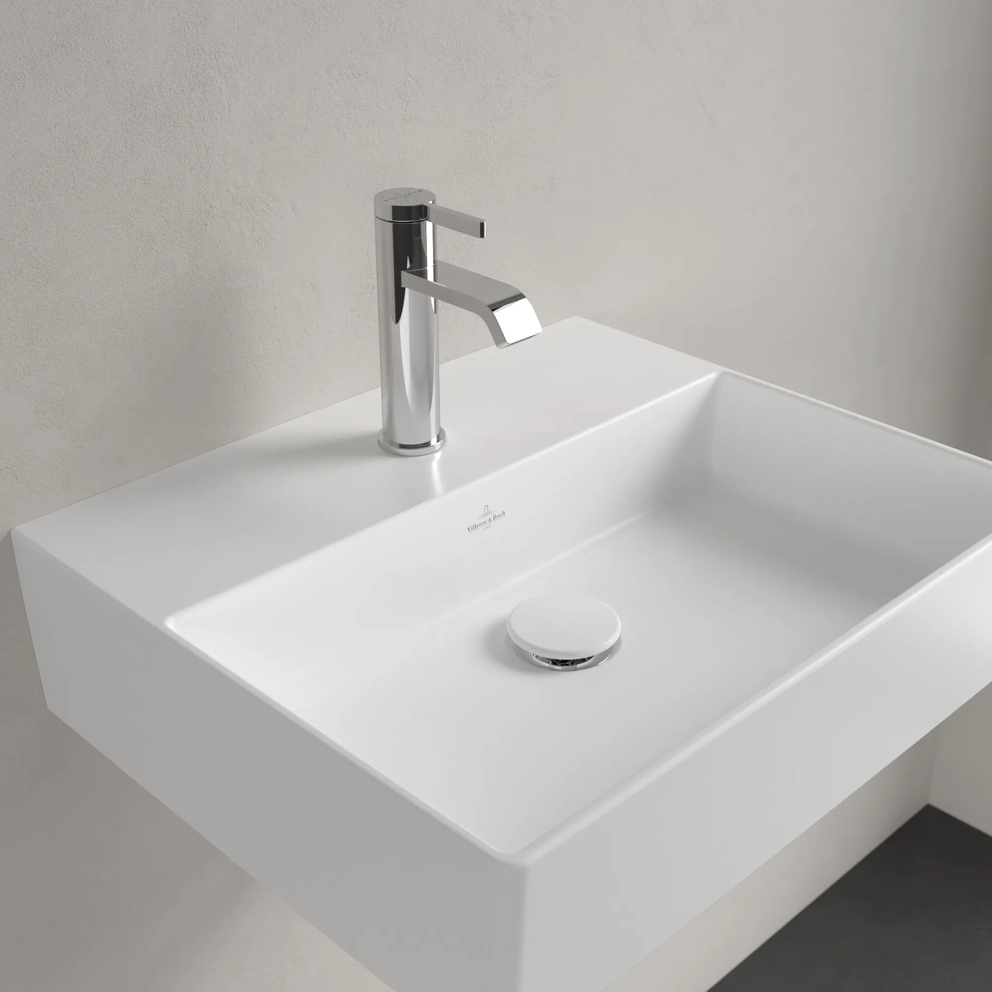 Villeroy & Boch Memento 2.0 Wandwaschbecken, 50 x 42 cm, 14 cm hoch, Stone White CeramicPlus, TitanCeram, matt, 3-Loch Armatur Villeroy & Boch Memento 2.0 Wandwaschbecken, 50 x 42 cm, 14 cm hoch, Stone White CeramicPlus, TitanCeram, matt, 3-Loch Armatur