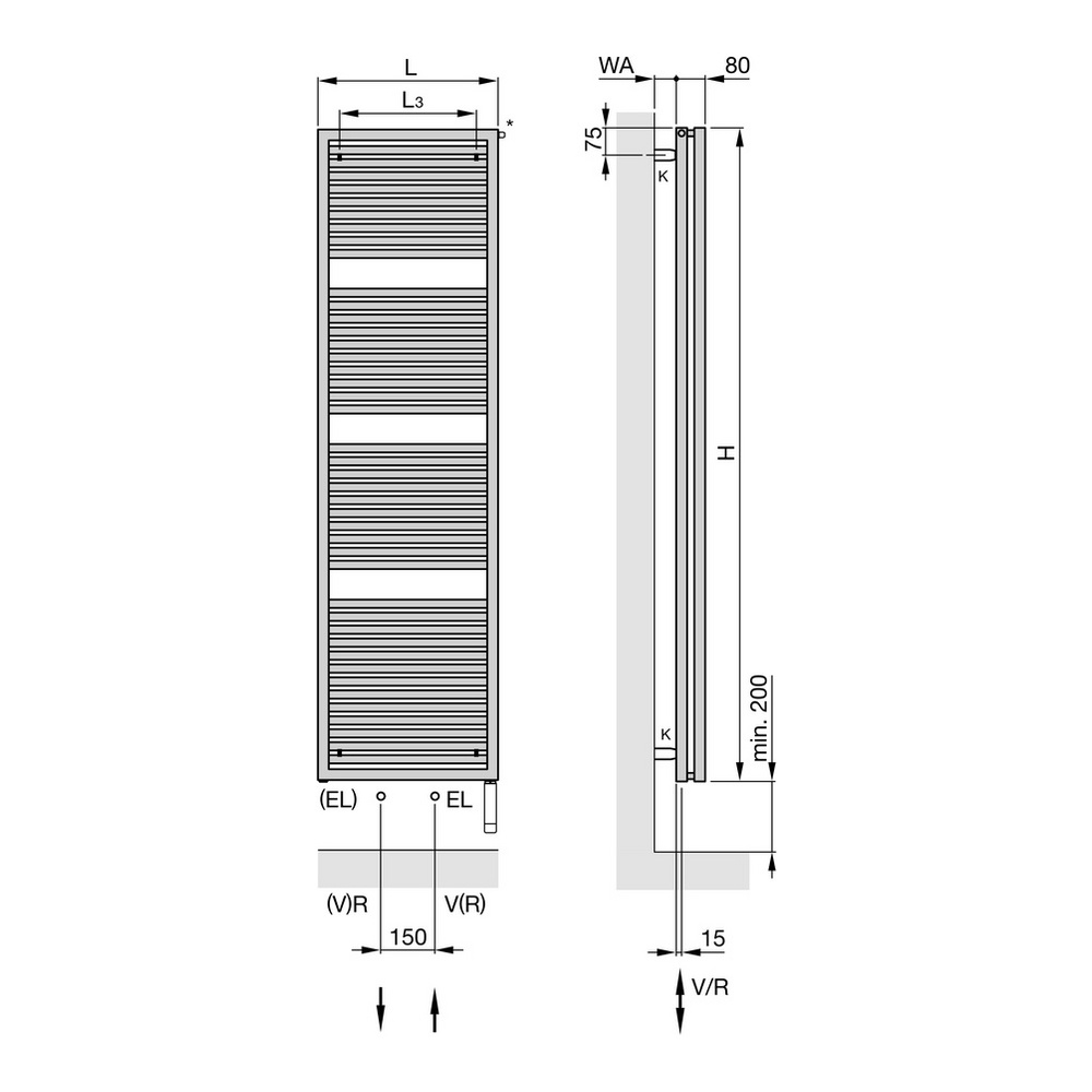 Zehnder Design-Heizkörper „Universal“ für Warmwasser-Zentralheizung oder gemischten Betrieb mit 150 mm-Mittelanschluss 50 × 119,5 cm in Beige Grey