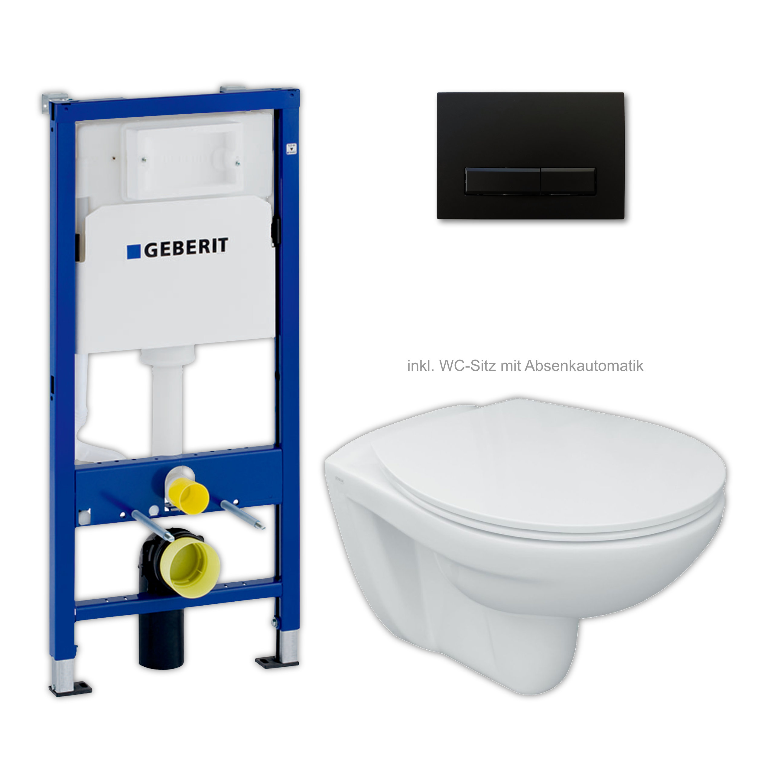 Set Tiefspül-Wand-WC, Geberit DuoFix Basic UP100 Vorwandelement, WC-Sitz mit Absenkautomatik, Fredo 35 Betätigungsplatte schwarz matt