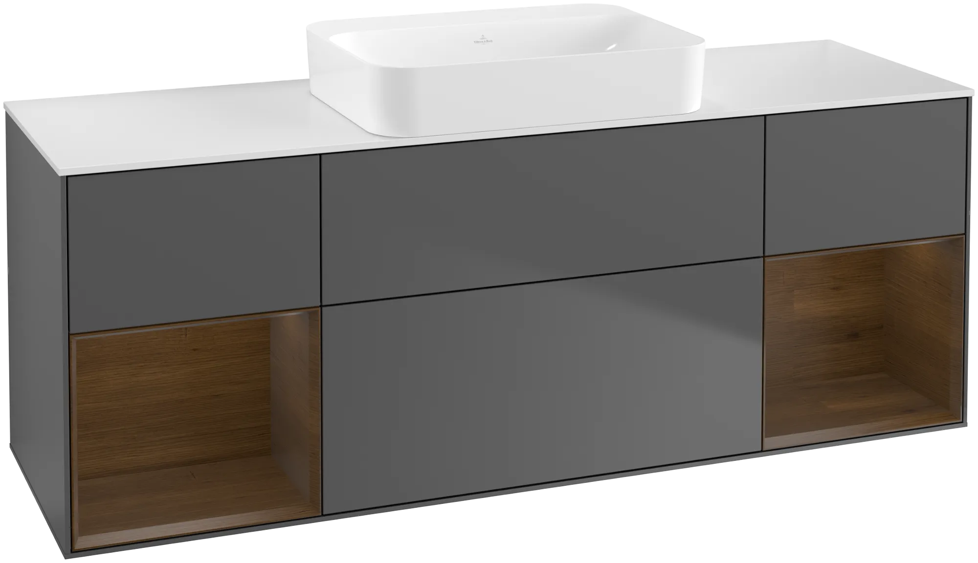 Villeroy & Boch Waschbeckenunterschrank Finion G74, 1600x603x501mm, Anthracite Matt Lacquer / Walnut Veneer / Glass White Matt