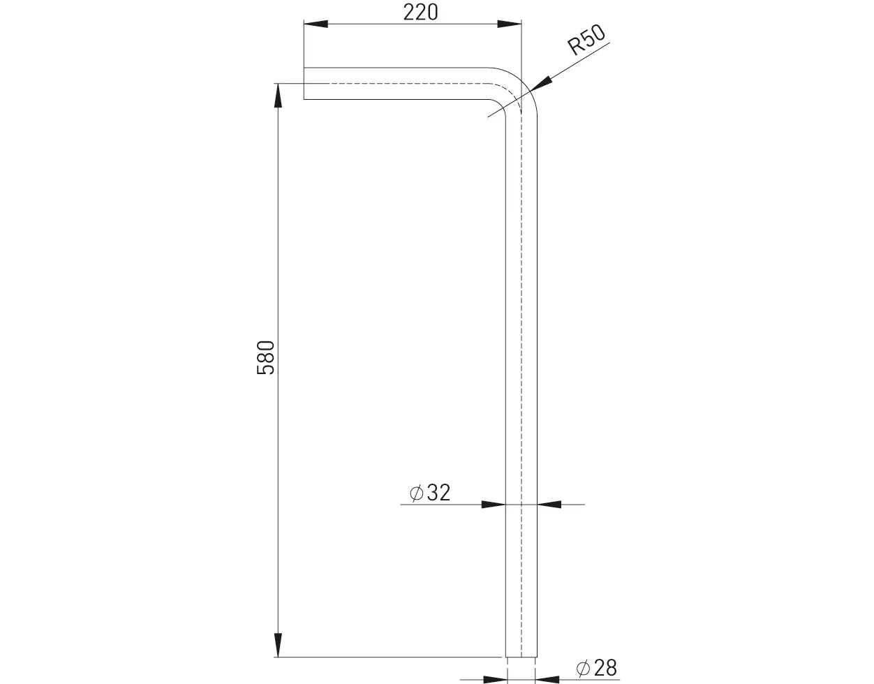 Abgangsrohr 90 Grad Edelstahl vc 40 x 220 x 580 mm (Bodenrohr) Abgangsrohr 90 Grad Edelstahl vc 40 x 220 x 580 mm (Bodenrohr)
