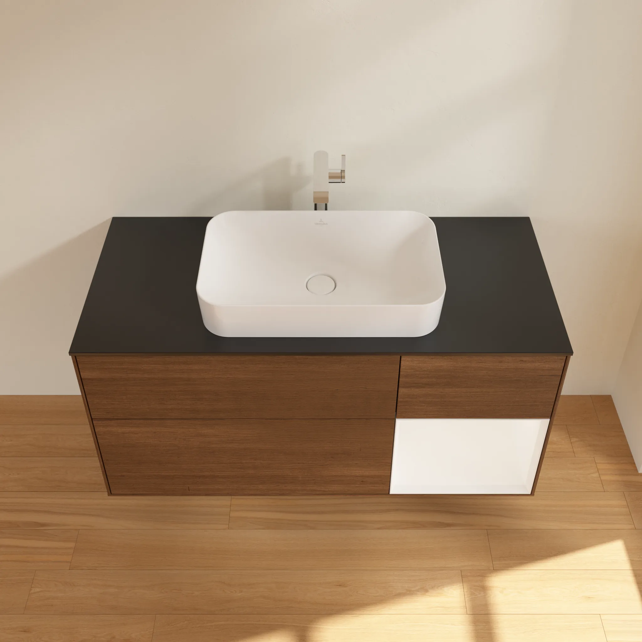 Villeroy & Boch Waschtischunterschrank „Finion“ für Schrankwaschtisch 1200 × 603 × 501 mm Walnut Veneer, mit Hahnlochbohrung, für Becken mittig Villeroy & Boch Waschtischunterschrank „Finion“ für Schrankwaschtisch 1200 × 603 × 501 mm Walnut Veneer, mit Hahnlochbohrung, für Becken mittig