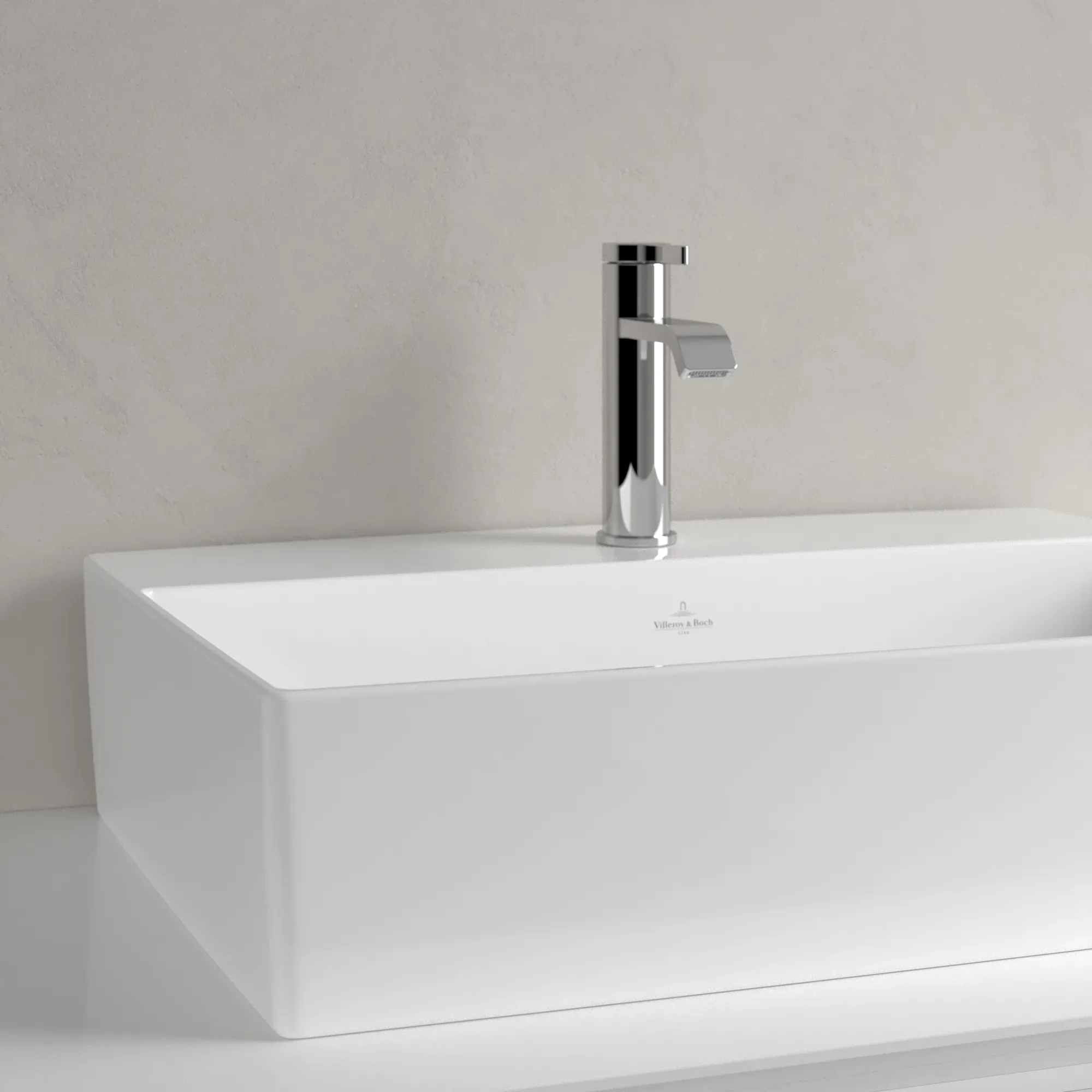 Villeroy & Boch Aufsatzwaschtisch aus TitanCeram „Memento 2.0“ 600 × 420 × 140 mm, mit Hahnlochbohrung, Hahnlochposition mittig in Weiß Alpin