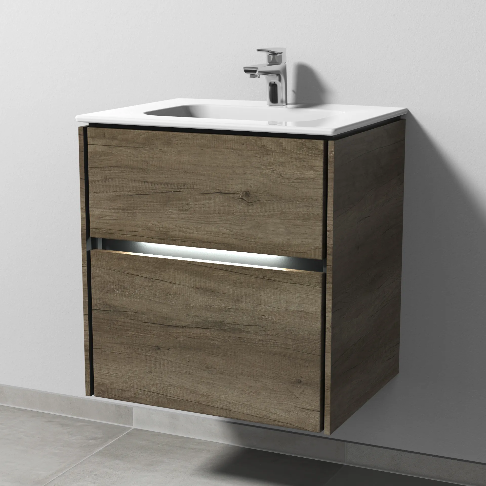 Sanipa Waschtischunterschrank „Twiga“ 590 × 610 × 460 mm in Eiche Nebraska, mit Hahnlochbohrung, mit Beleuchtung Sanipa Waschtischunterschrank „Twiga“ 590 × 610 × 460 mm in Eiche Nebraska, mit Hahnlochbohrung, mit Beleuchtung