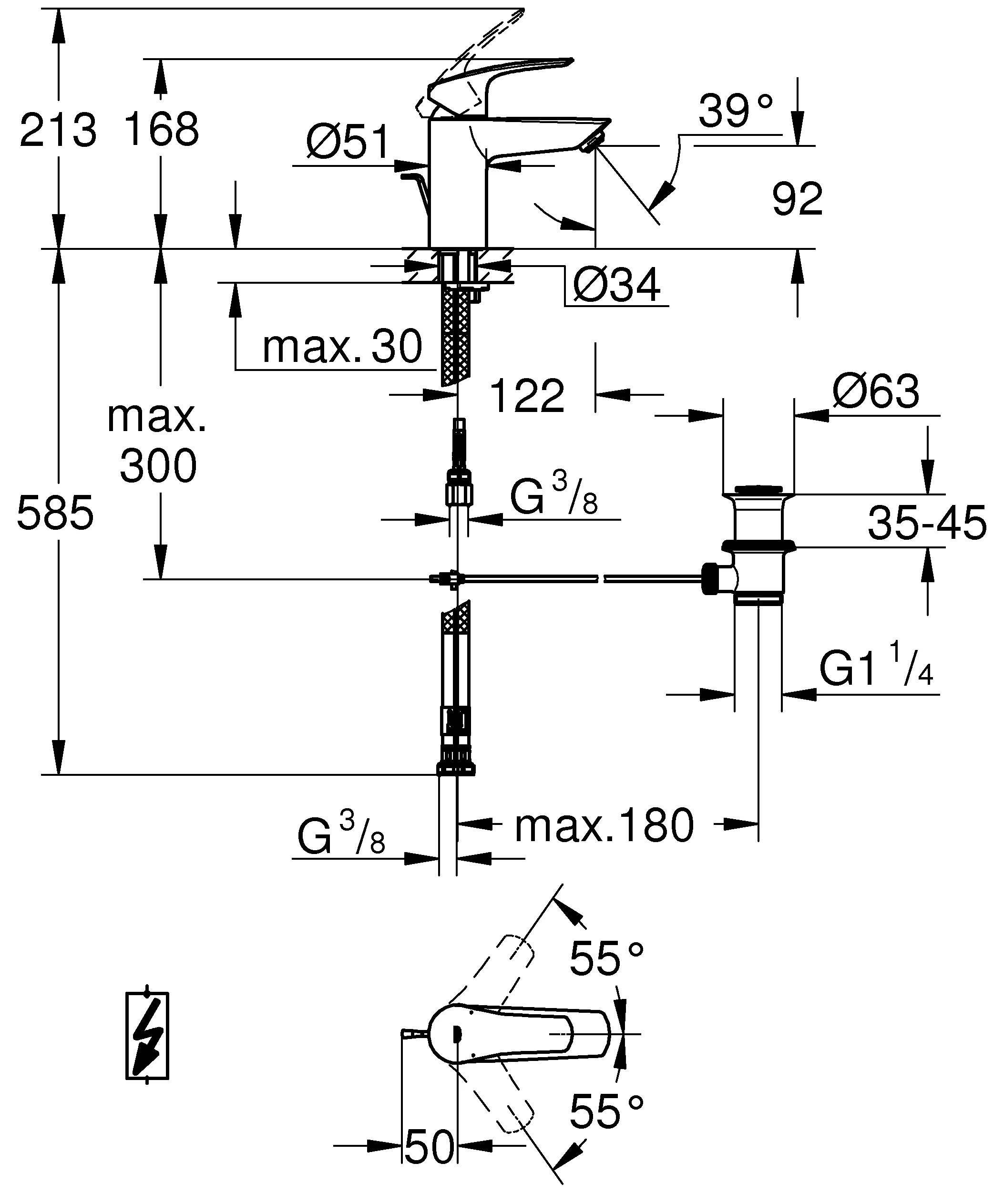 Einhand-Waschtischbatterie Eurosmart 23459_3, S-Size, Niederdruck für offene Warmwasserbereiter, Einlochmontage, Temperaturbegrenzer, Zugstangen-Ablaufgarnitur, chrom