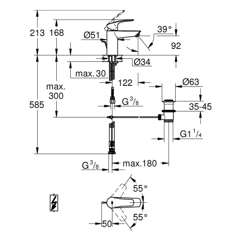 Einhand-Waschtischbatterie Eurosmart 23459_3, S-Size, Niederdruck für offene Warmwasserbereiter, Einlochmontage, Temperaturbegrenzer, Zugstangen-Ablaufgarnitur, chrom Einhand-Waschtischbatterie Eurosmart 23459_3, S-Size, Niederdruck für offene Warmwasserbereiter, Einlochmontage, Temperaturbegrenzer, Zugstangen-Ablaufgarnitur, chrom