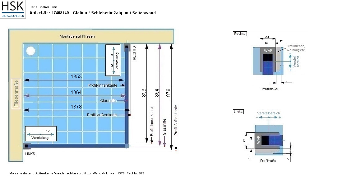 HSK teilgerahmte Duschabtrennung Schiebetür 2-teilig mit Seitenteil „Atelier Plan“ mit Exzenterprofil und Softclose Glas Mattglas, Profile Chromoptik (Alu Hochglanz poliert), H: 2060 mm