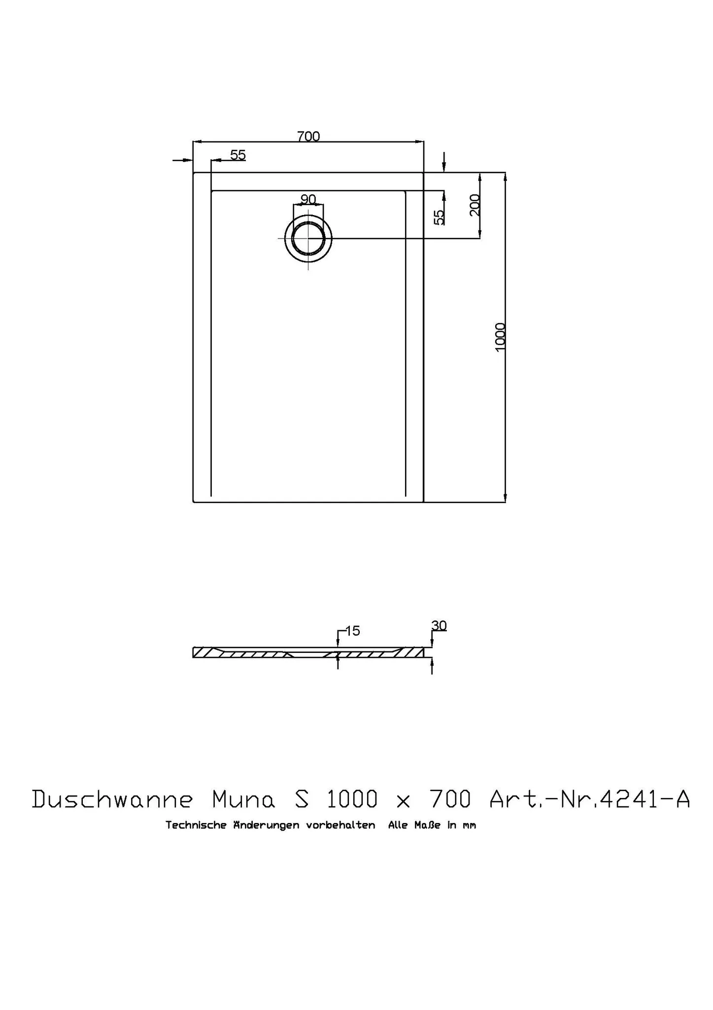 Duschwanne „Muna S“ Rechteck 100 × 70 cm in Schiefergrau Duschwanne „Muna S“ Rechteck 100 × 70 cm in Schiefergrau