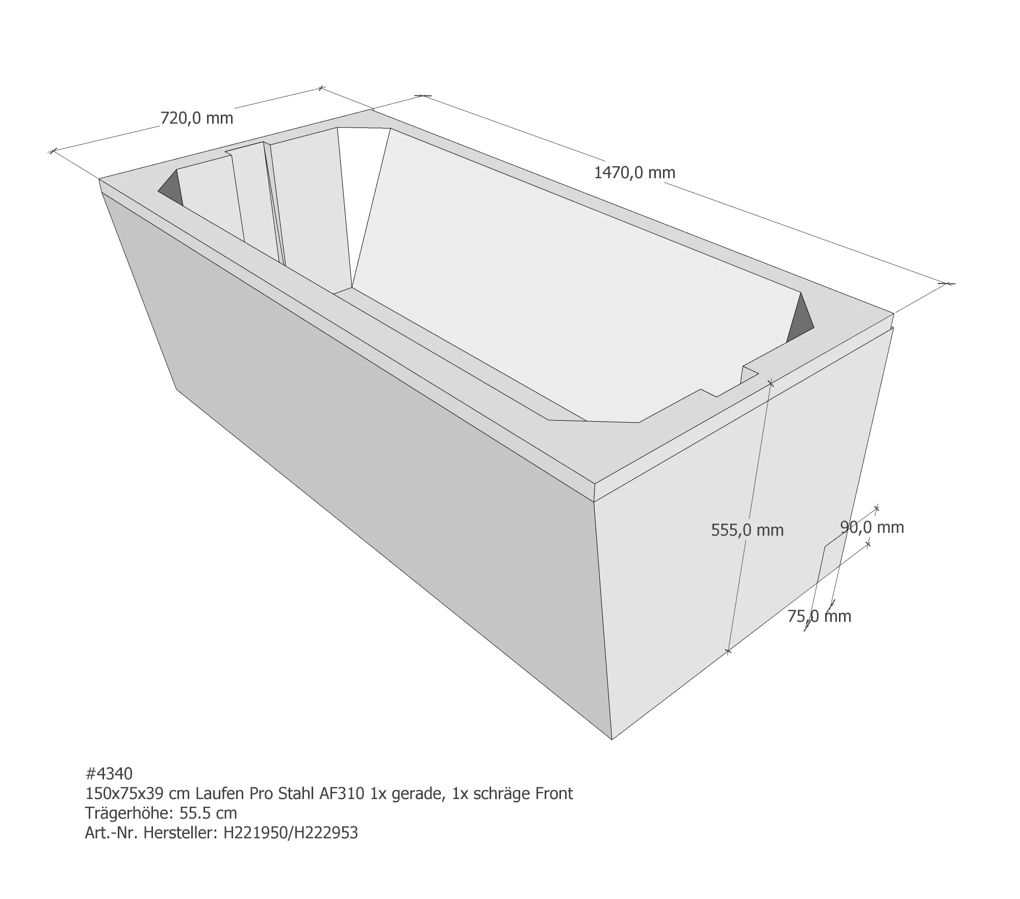 Badewannenträger passend für Laufen 150 × 75 × 39 cm