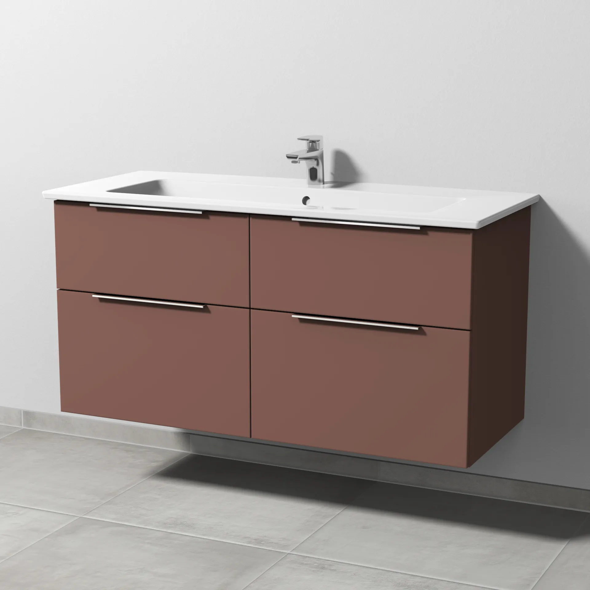 Keramik-Waschtisch-Set mit Waschtischunterschrank „3way“ 115,5 × 47,7 × 59,1 cm in Wine-Red, mit Hahnlochbohrung, Becken mittig