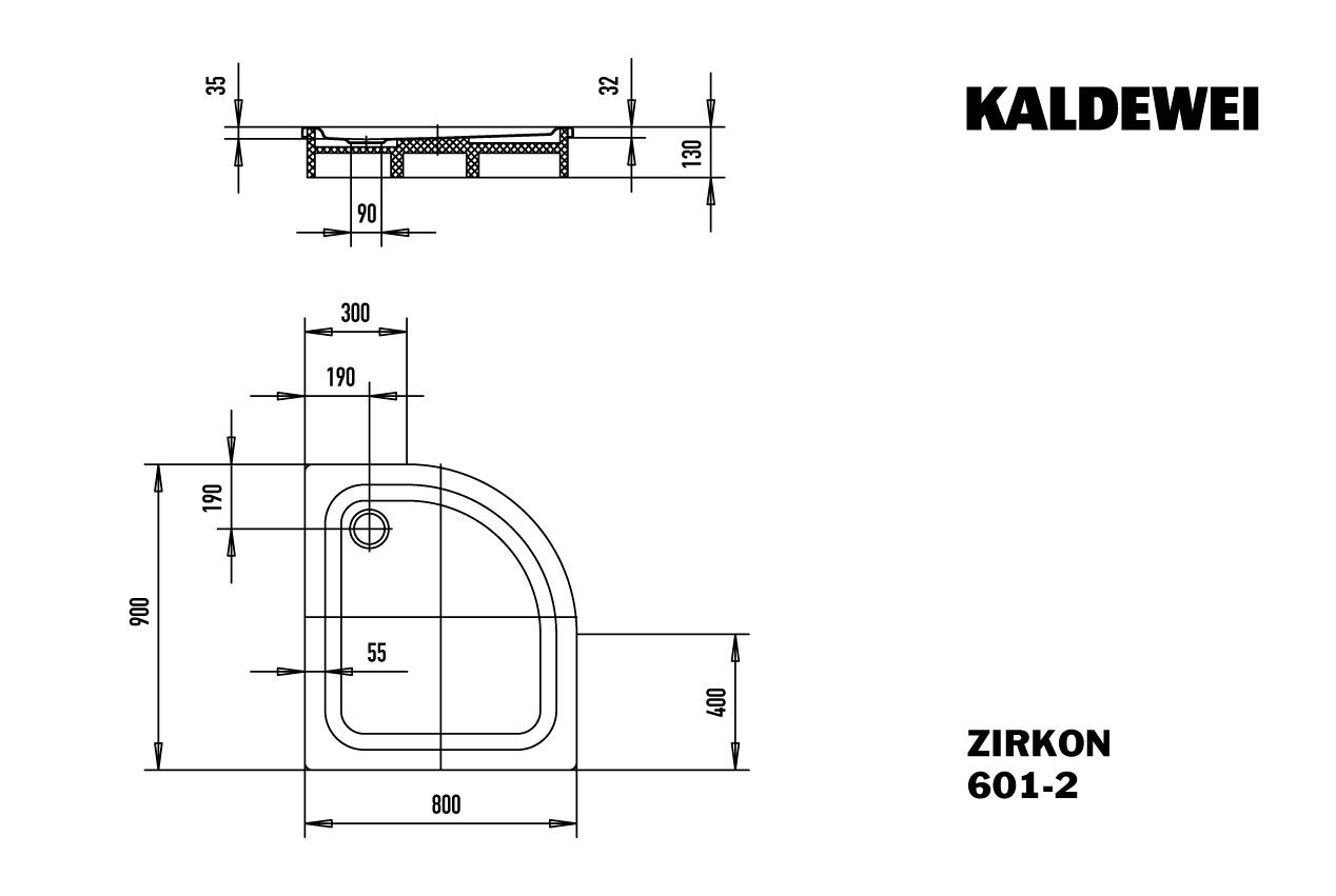 Kaldewei viertelkreis Duschwanne „Zirkon“ 80 × 90 cm in alpinweiß