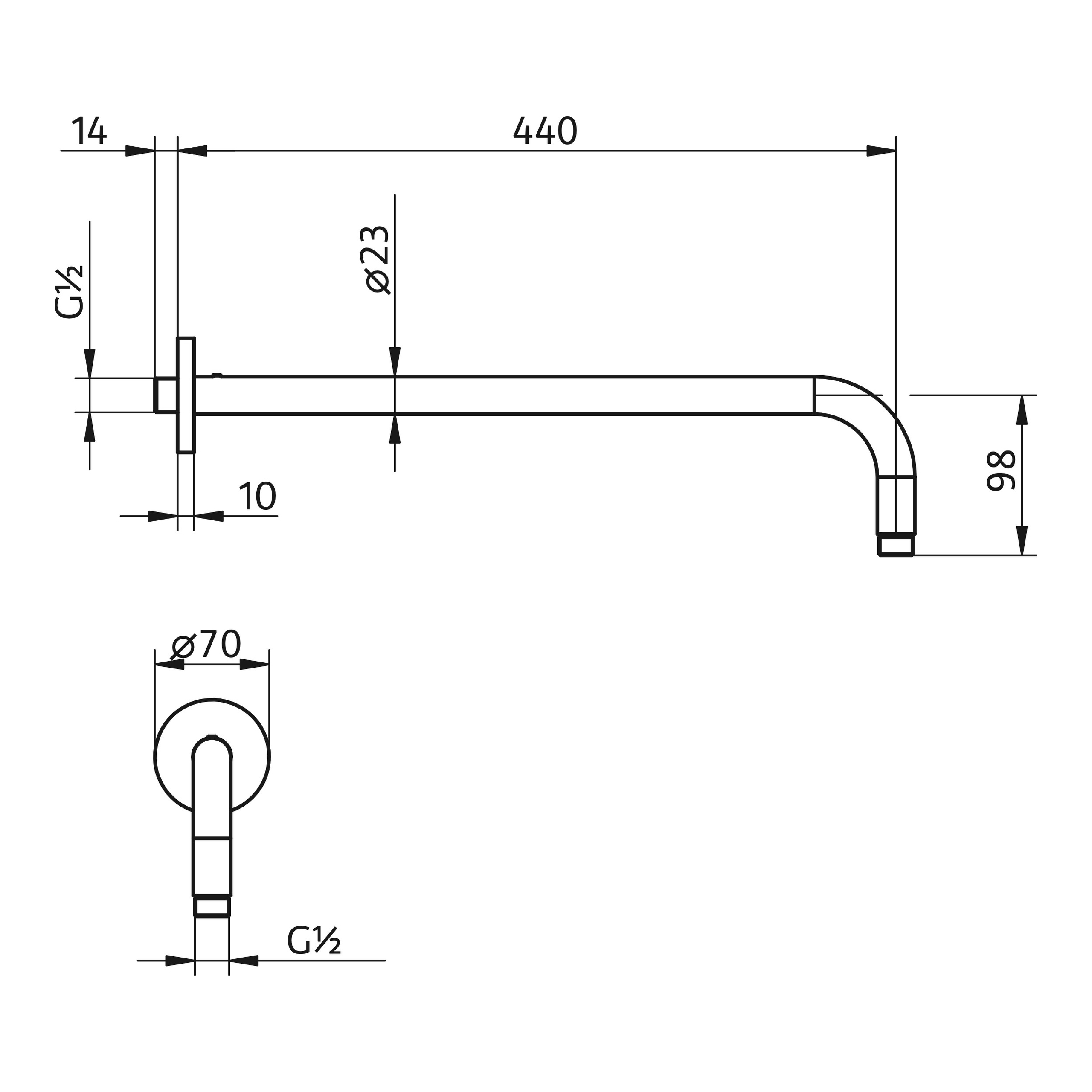 HSK Wandarm gebogen mit Rosette Rund ⌀ 2,3 × 9,8 cm Ausladung 440 mm in chrom HSK Wandarm gebogen mit Rosette Rund ⌀ 2,3 × 9,8 cm Ausladung 440 mm in chrom