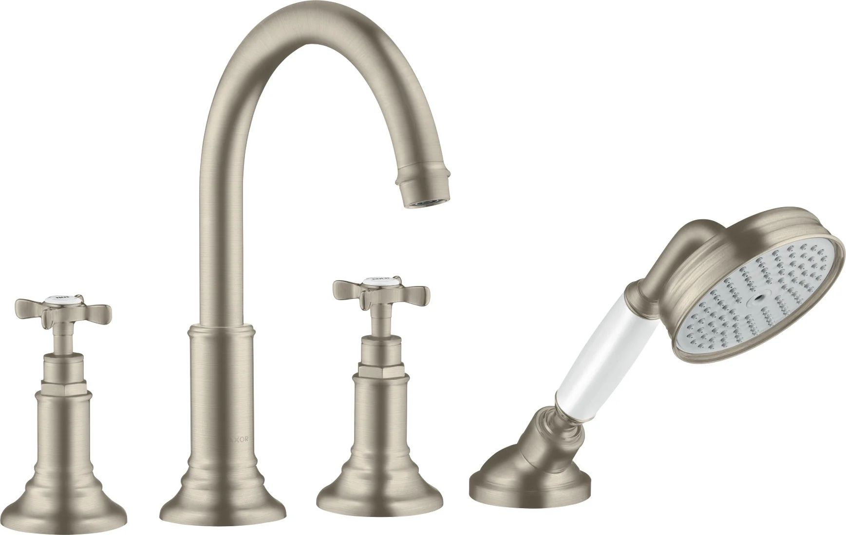 Hansgrohe AXOR Montreux 4-Loch Wannenrandarmatur Brushed Nickel, Ausladung 196 mm, RainAir Handbrause, max. Durchfluss 20,5 l/min Hansgrohe AXOR Montreux 4-Loch Wannenrandarmatur Brushed Nickel, Ausladung 196 mm, RainAir Handbrause, max. Durchfluss 20,5 l/min