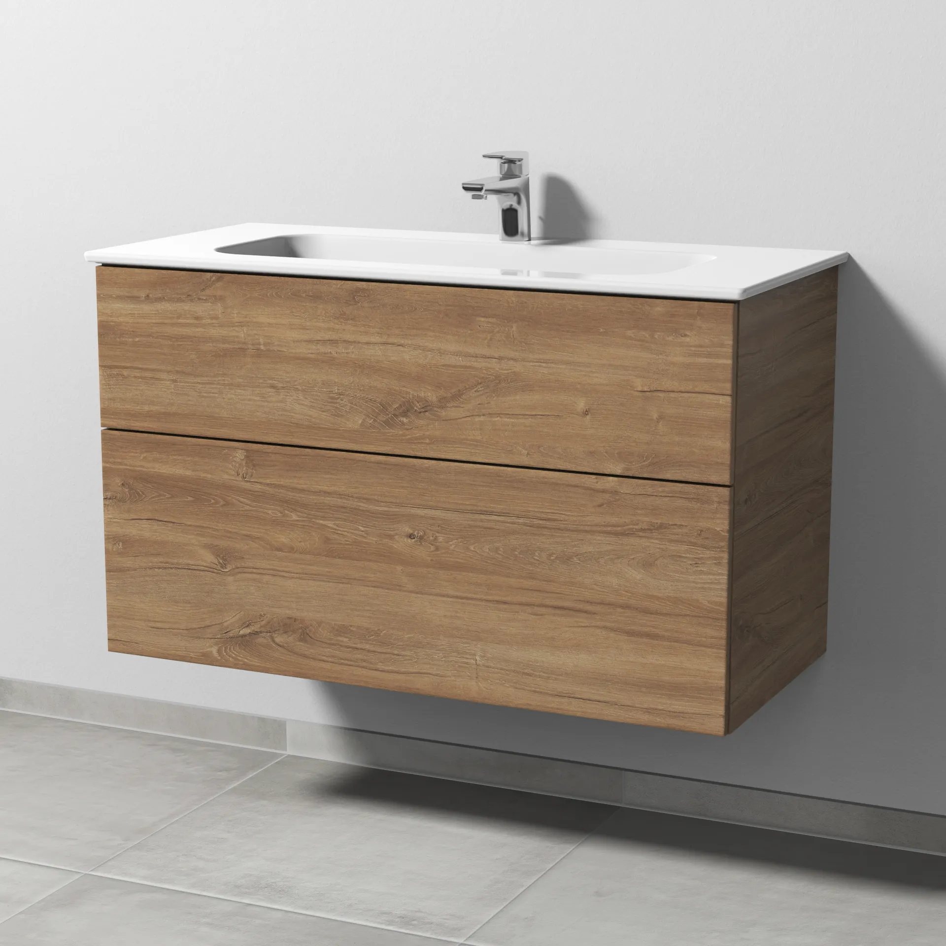 Sanipa Keramik-Waschtisch-Set mit Waschtischunterschrank „3way“ 97 × 46 × 58,2 cm in Eiche Kansas, mittig