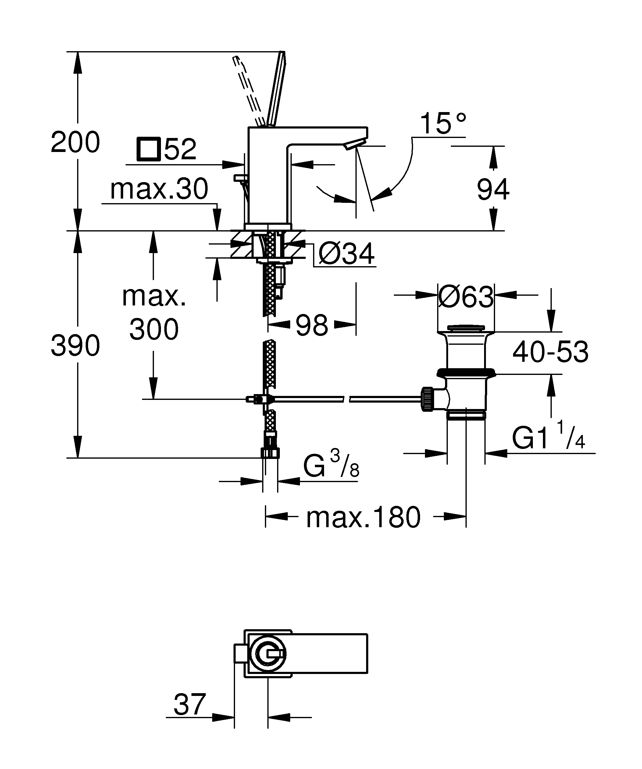 Einhand-Waschtischbatterie Eurocube Joy 23654, S-Size, Einlochmontage, Zugstangen-Ablaufgarnitur 1 1/4'', chrom