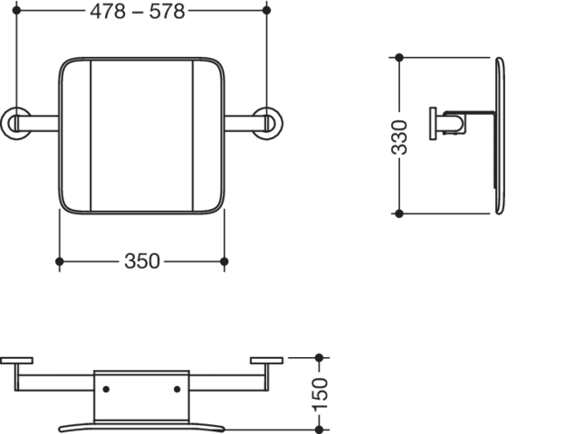 Rückenstütze des Systems 900, Anbindung aus Edelstahl, PVD, Lehne aus Kunststoff, schwarz, Achsmaß von 478 bis 578 mm bauseits verstellbar, T: 150 mm, zur Wandmontage, in Farbe CK (messing glänzend)