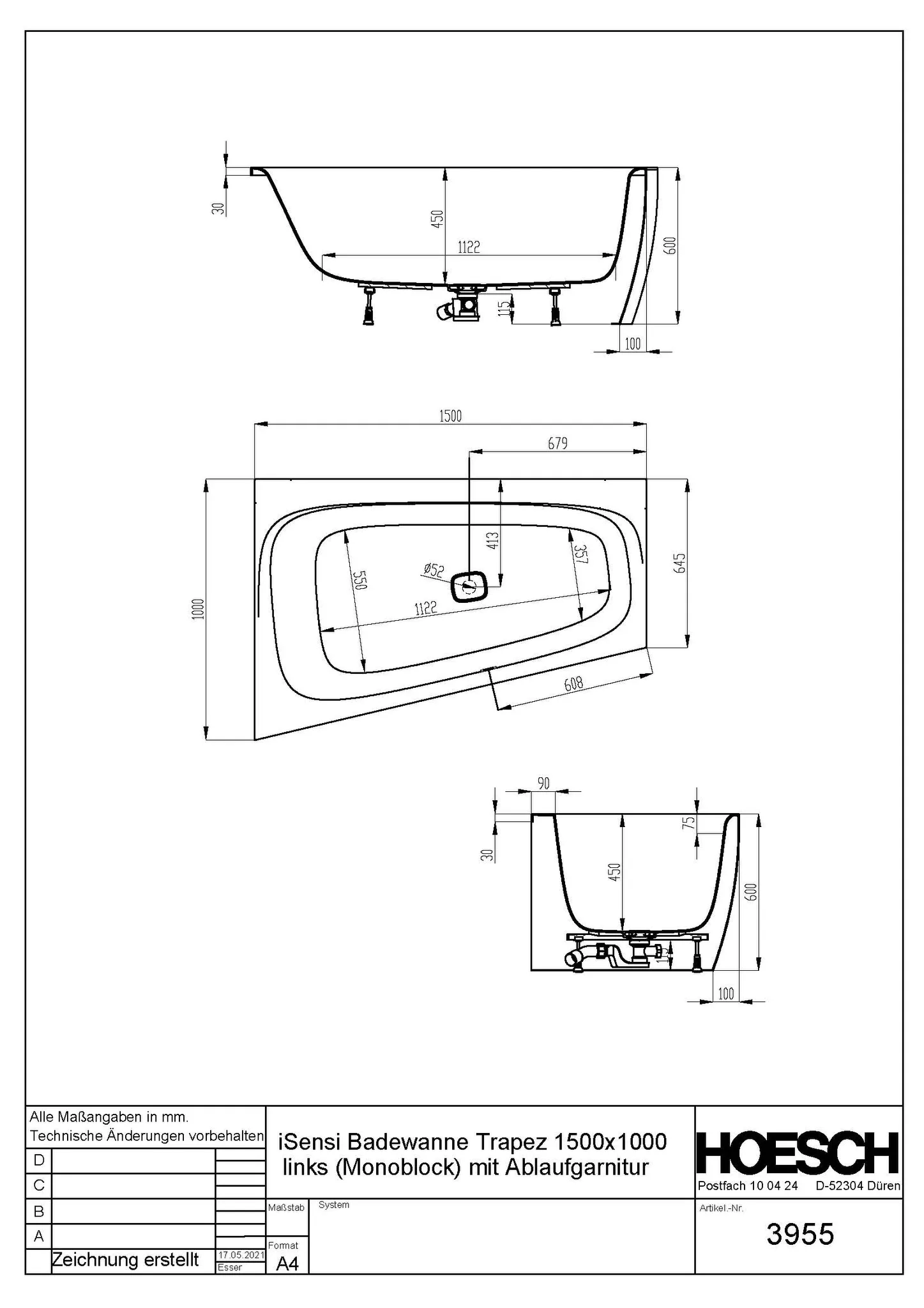 Hoesch Badewanne „iSensi“ Monolith trapez 150 × 100 cm, links, mit Schürze in Weiß
