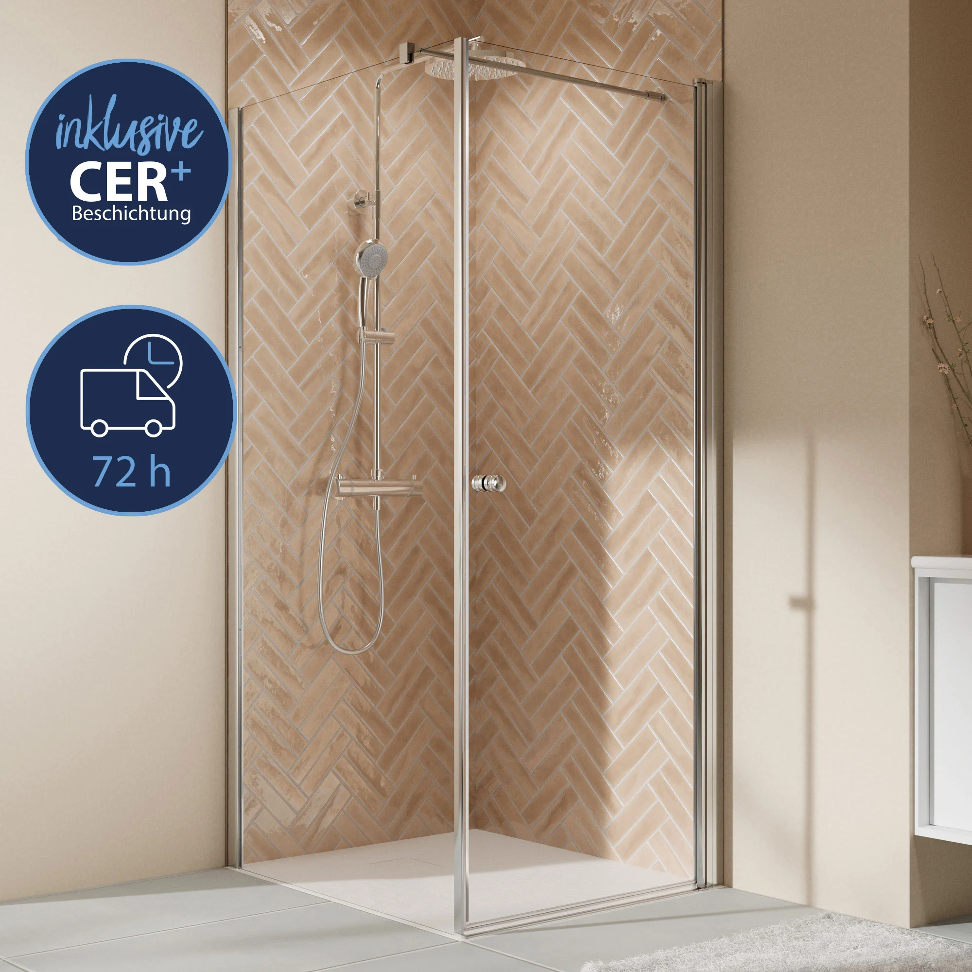 Breuer QUICK 72 Elana 2.0 rund Seitenwand, Anschlag links, Alu chromeffekt, 900 mm, 864-884 mm Produktmaß, 880-900 mm Wanneneinbaumaß, 850-870 mm Fliesenmaß (Glasmitte auf Fuge), 200 mm Höhe zzgl. 35 mm Stabilisator