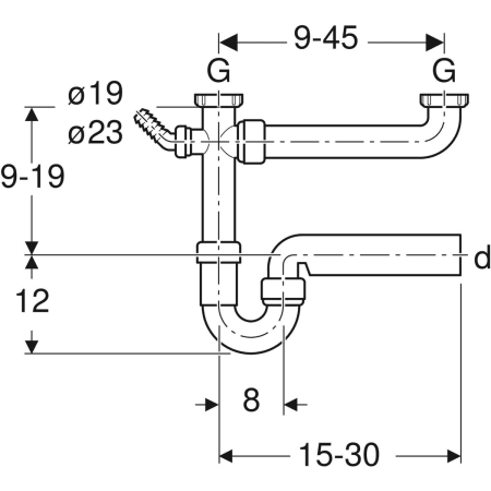 Rohrbogengeruchsverschluss für zwei Spülbecken, mit Winkelschlauchtülle, extralang, Abgang horizontal: d=40mm, G=1 1/2″, weiß-alpin