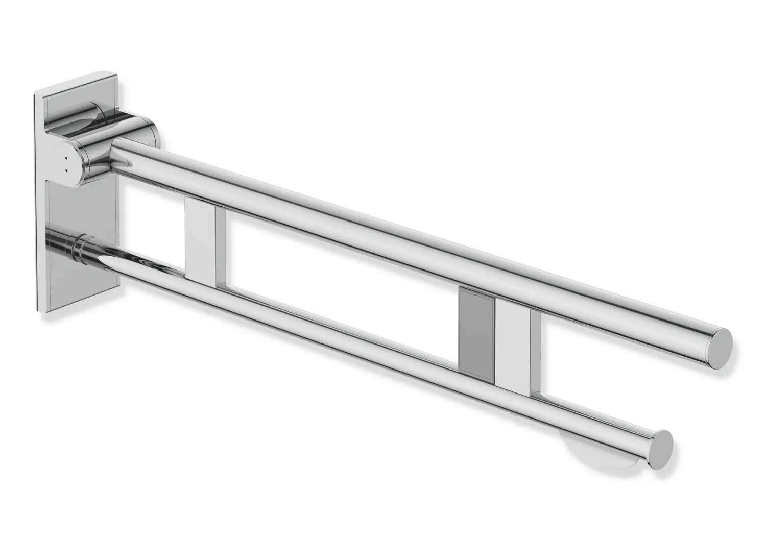 HEWI Stützklappgriff Duo Design A, Edelstahl verchromt, Ausladung 750 mm, mit WC-Papierhalter und Funk-Spülauslösung, Ausführung rechts