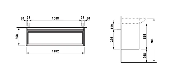 Waschtischunterbau LANI 368x1182x515 mit 2 Schubladen integrierter Griffleiste Vollauszug und Soft-Close für Waschtisch PALACE H811704 weiß matt