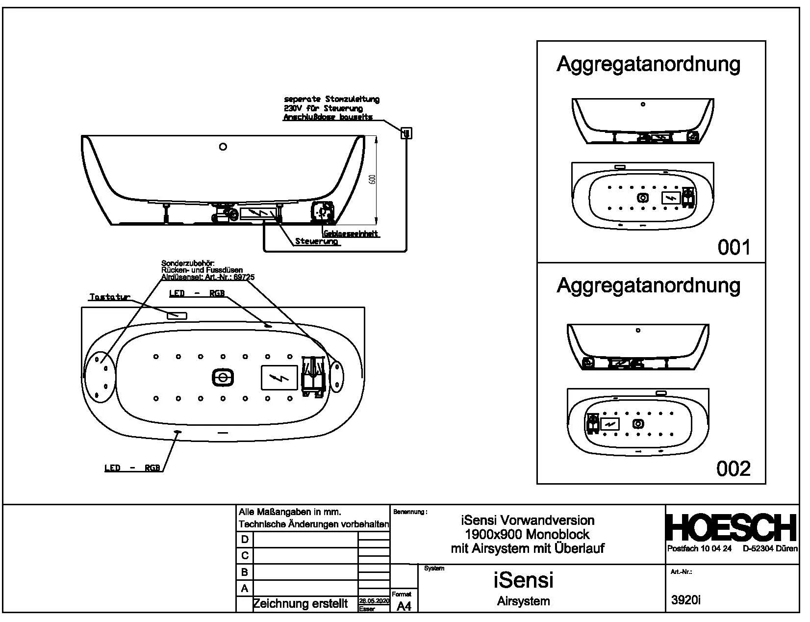 Hoesch Whirlwanne „iSensi“ mit Airsystem „iSensi“ vorwand rechteck 190 × 90 cm in Weiß