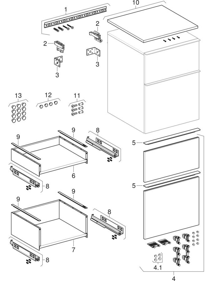 iCon Seitenschrank mit zwei Schubladen: Korpus und Front: weiß / lackiert hochglänzend, Griff: weiß / pulverbeschichtet matt