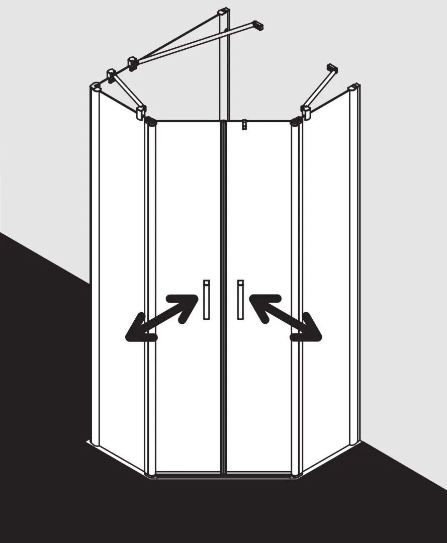 Kermi Duschdesign Fünfeck-Duschkabine mit Pendeltüren mit Festfeldern „PEGA“ Glas Klar, Profile Silber Hochglanz, BV: 865 - 890 mm GAK: 850 - 875 mm WE: 875 - 900 mm H: 1850 mm Kermi Duschdesign Fünfeck-Duschkabine mit Pendeltüren mit Festfeldern „PEGA“ Glas Klar, Profile Silber Hochglanz, BV: 865 - 890 mm GAK: 850 - 875 mm WE: 875 - 900 mm H: 1850 mm