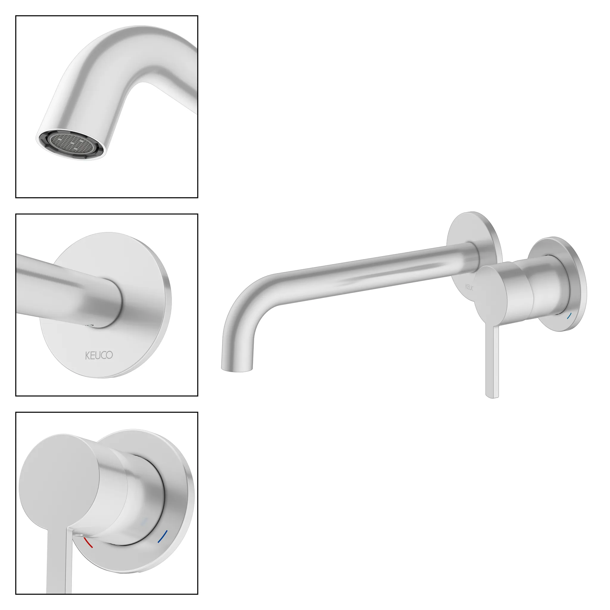 KEUCO PLAN BLUE Einhebel-Waschtischmischer Unterputz 2 Loch für Wandmontage Ausladung 225 mm Aluminium-finish