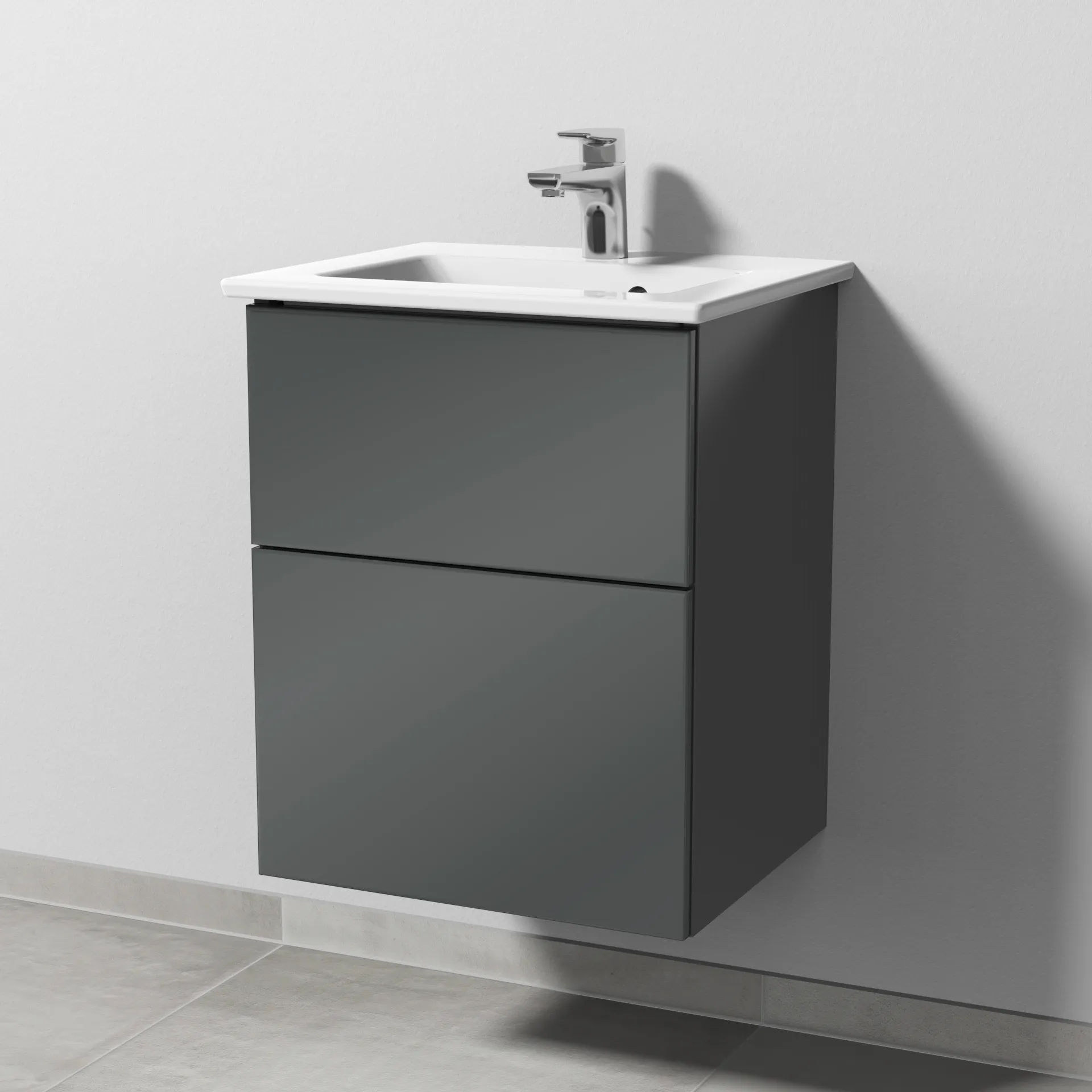 Keramik-Waschtisch-Set mit Waschtischunterschrank „3way“ 46,5 × 40,1 × 59,1 cm in Anthrazit (glanz), mit Hahnlochbohrung, Becken mittig Keramik-Waschtisch-Set mit Waschtischunterschrank „3way“ 46,5 × 40,1 × 59,1 cm in Anthrazit (glanz), mit Hahnlochbohrung, Becken mittig