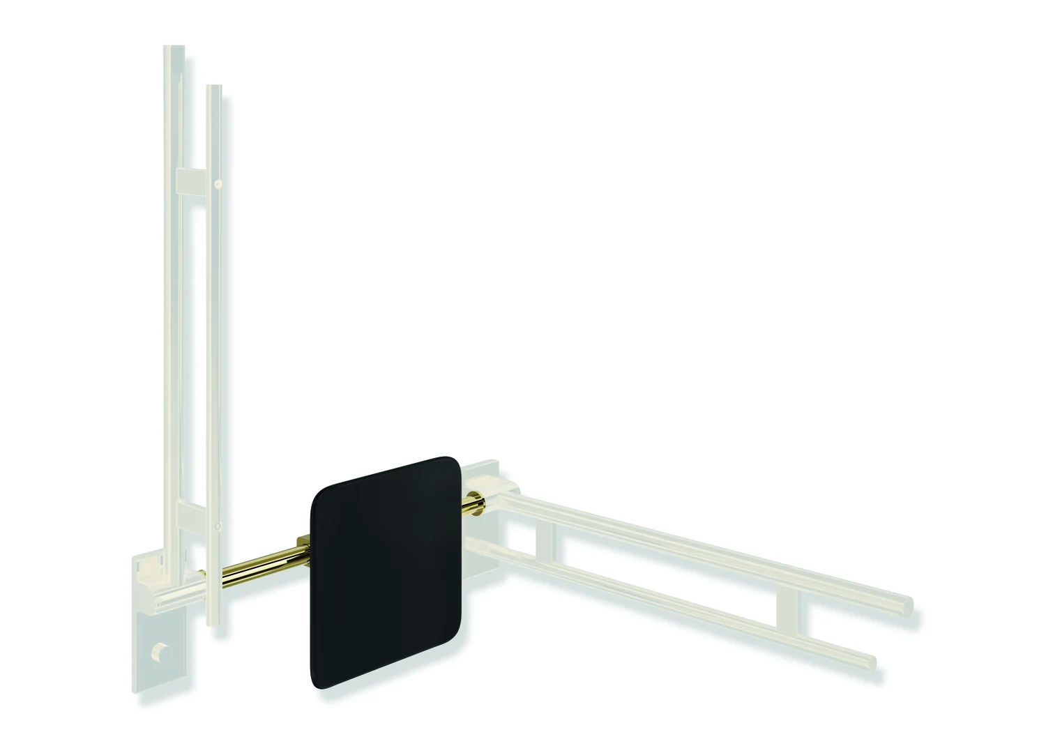 HEWI Rückensstütze System 900, PVD Gold glänzend, 330 mm hoch, 150 mm tief, Achsmaß 588–688 mm verstellbar, Montage an Stützklappgriffen, Design (A), Edelstahl-Anbindung, schwarze Lehne