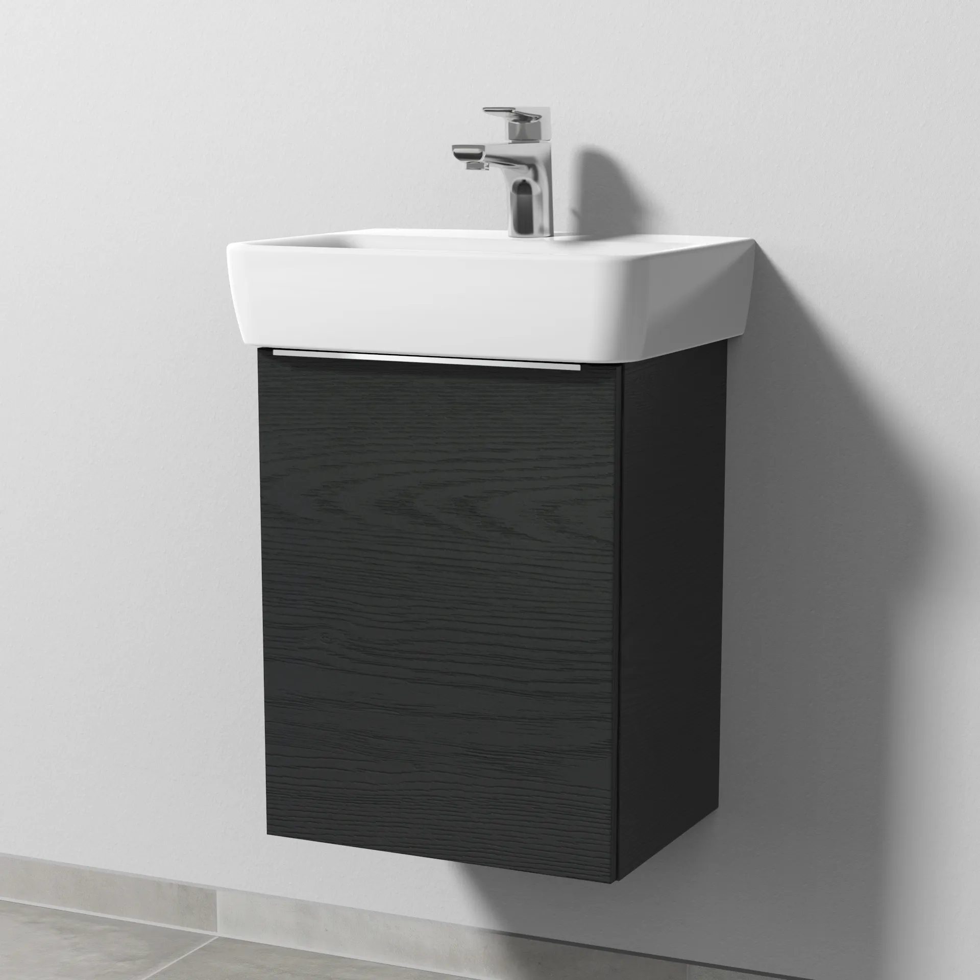 Sanipa Waschtischunterschrank „3way“ passend zu Keramik-Waschtische Renova Plan von Geberit 390 × 520 × 302 mm in Black Oak, Anschlag links