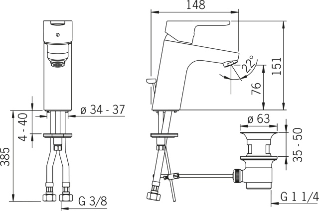 HA Einhebelmischer Waschtischbatterie HANSAPRIMO XL 4956 Zugstangenablaufgarnitur Ausladung 110 mm DN15 Chrom