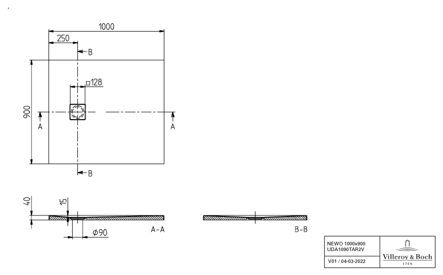 Villeroy & Boch rechteck Duschwanne Flächenbündiger Einbau „Newo“ 100 × 90 cm