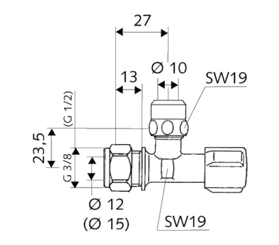 Eckventil mit Regulierfunktion COMFORT, COMFORT-Griff, Messing-Klemmring-Verschraubung Ø 15 (DN 15 G 1/2 AG), Ø 10 mm (DN 10 G 3/8 AG), chrom