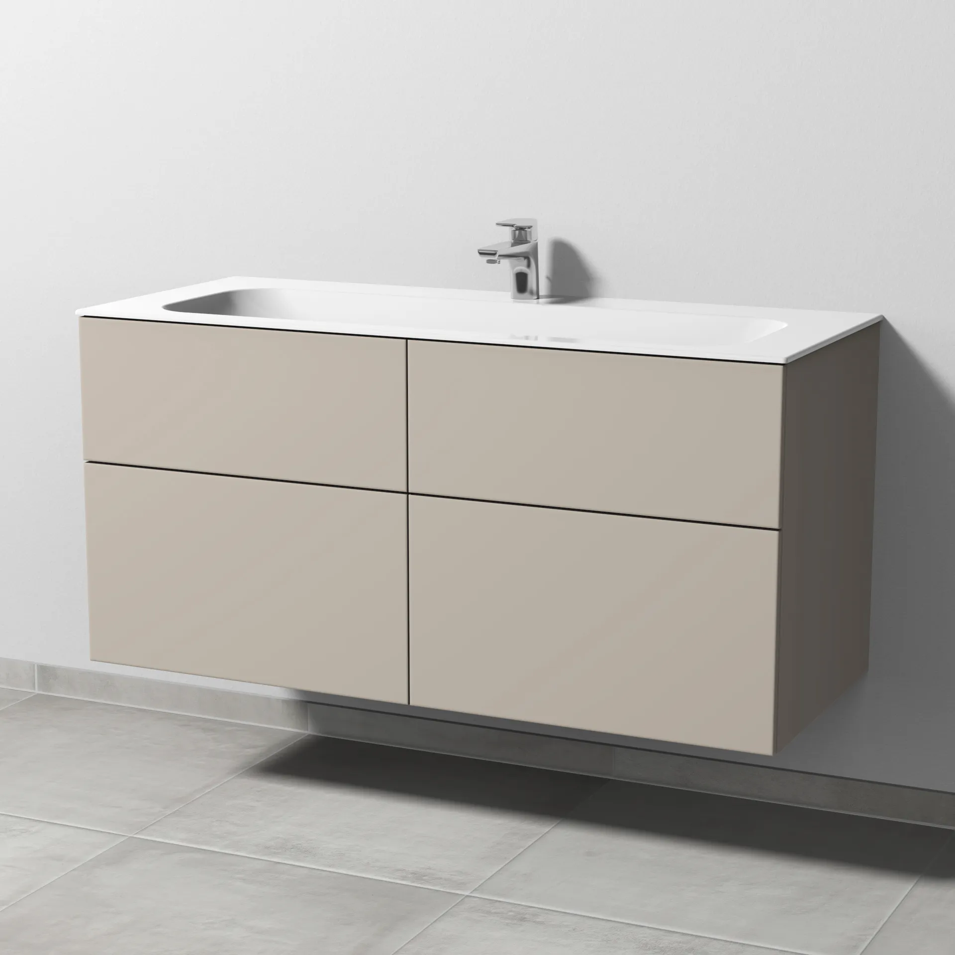 Keramik-Waschtisch-Set mit Waschtischunterschrank „3way“ 119 × 49,7 × 58,2 cm in Kaschmir (matt), mit Hahnlochbohrung, Becken mittig Keramik-Waschtisch-Set mit Waschtischunterschrank „3way“ 119 × 49,7 × 58,2 cm in Kaschmir (matt), mit Hahnlochbohrung, Becken mittig