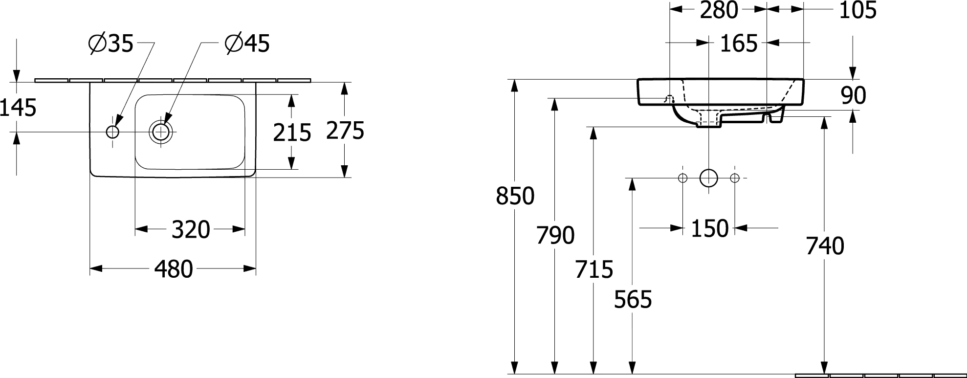 Villeroy & Boch Waschbecken „Architectura“ 480 × 275 × 138 mm, ohne Hahnlochbohrung, für Becken rechts in Weiß Alpin Villeroy & Boch Waschbecken „Architectura“ 480 × 275 × 138 mm, ohne Hahnlochbohrung, für Becken rechts in Weiß Alpin