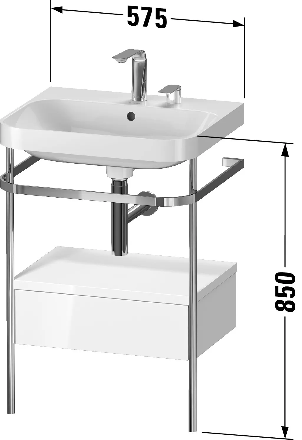 Duravit Waschtischunterschrank c-shaped Set mit Metallkonsole und Schubkasten „Happy D.2 Plus“ 57,5 × 85 × 49 cm in Weiß Hochglanz