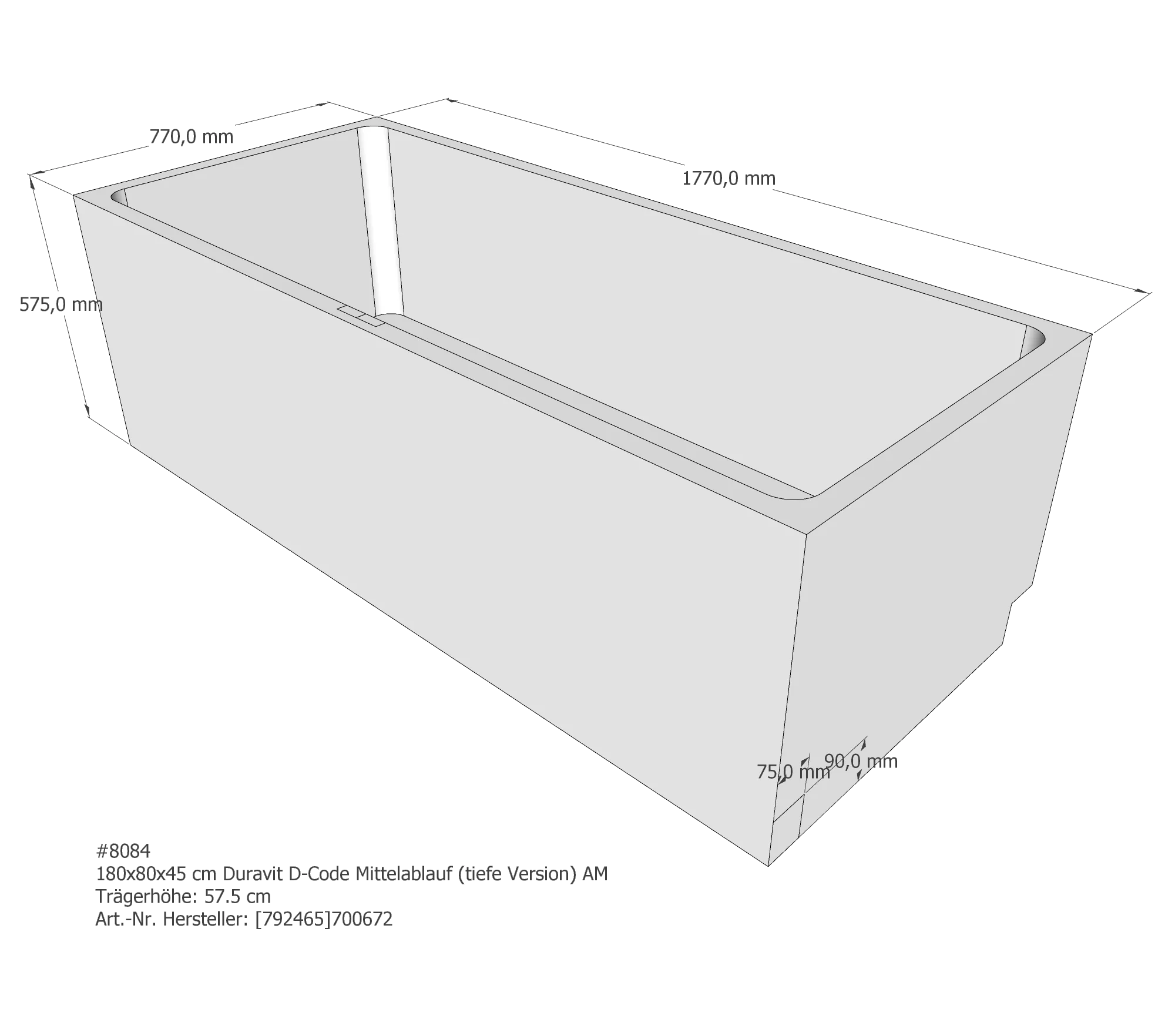 Badewannenträger passend für Duravit D-Code 180 × 80 × 40 cm