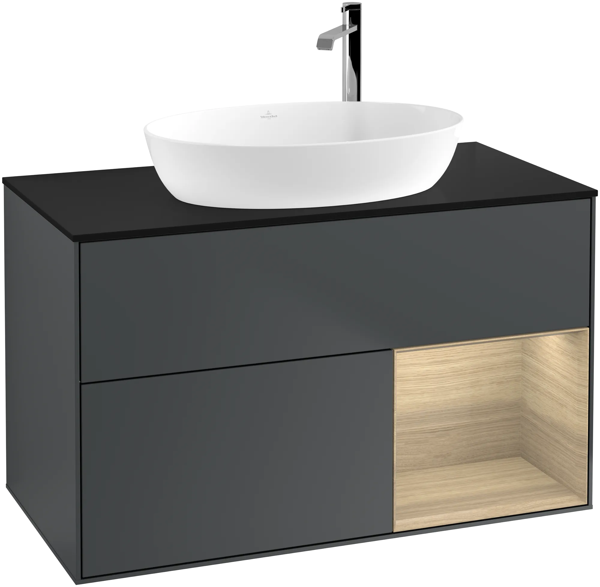 Villeroy & Boch Finion Waschbeckenunterschrank F90, Midnight Blue Matt Lacquer / Oak Veneer / Glass Black Matt