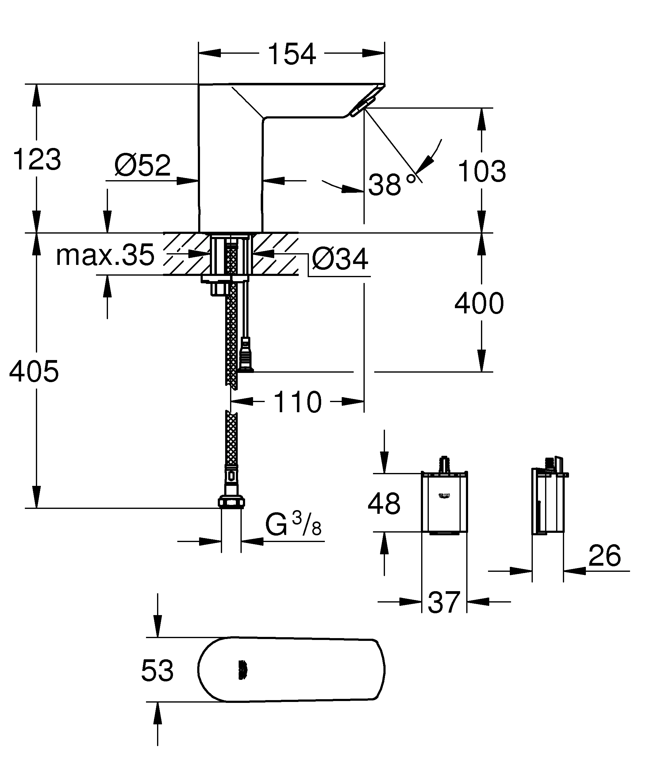 Infrarot-Elektronik für Waschtisch Bau Cosmopolitan E 36452, ohne Mischung, 6 V Lithium-Batterie, getrennte innenliegende Wasserwege – kein Kontakt mit Blei oder Nickel, chrom