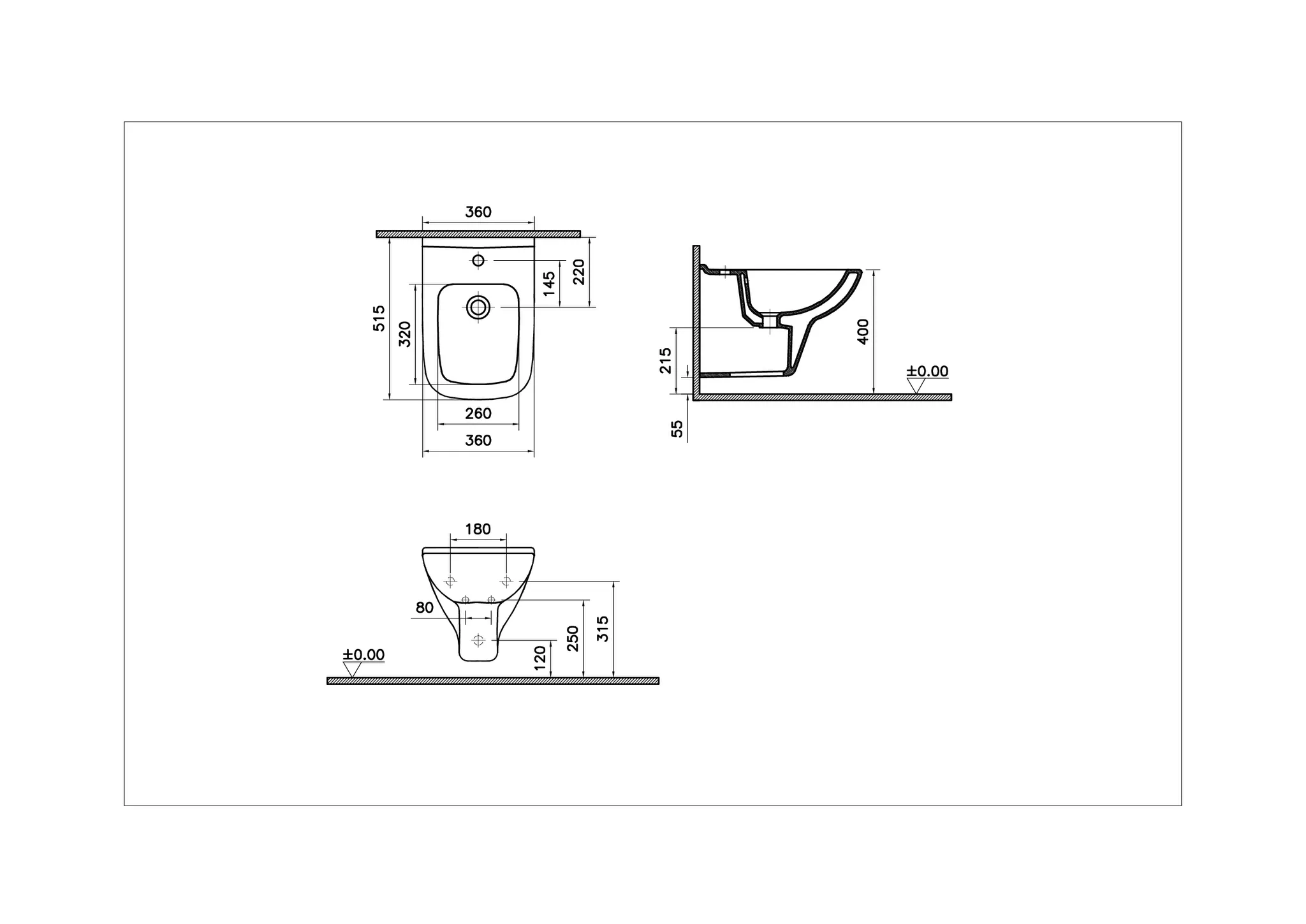 VitrA S20 Wand-Bidet 36 x 52 cm Weiß Hochglanz