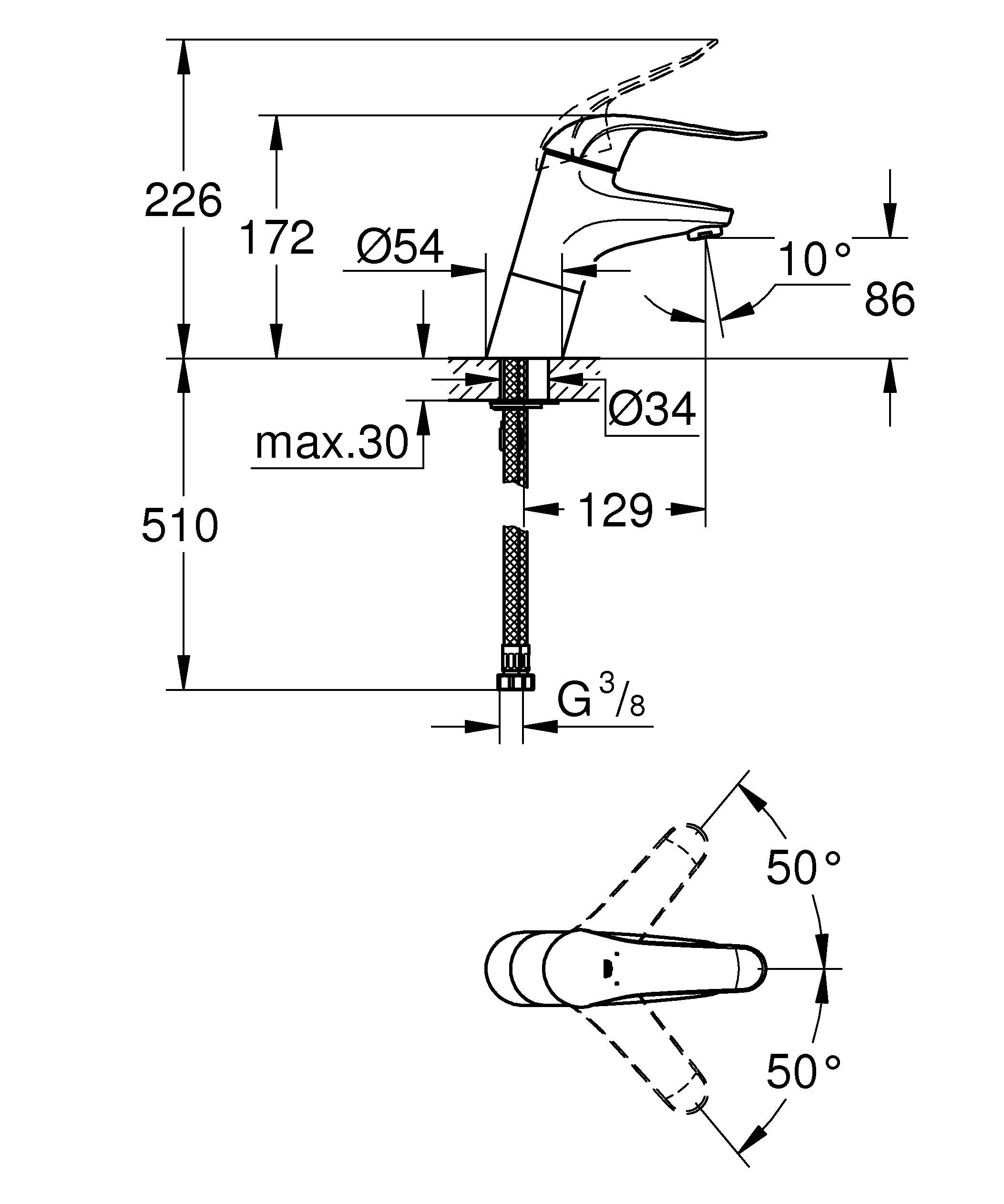 Einhand-Waschtischbatterie Euroeco Special 32765, Einlochmontage, glatter Körper, 46 mm Keramikkartusche, Hebellänge 120 mm, chrom